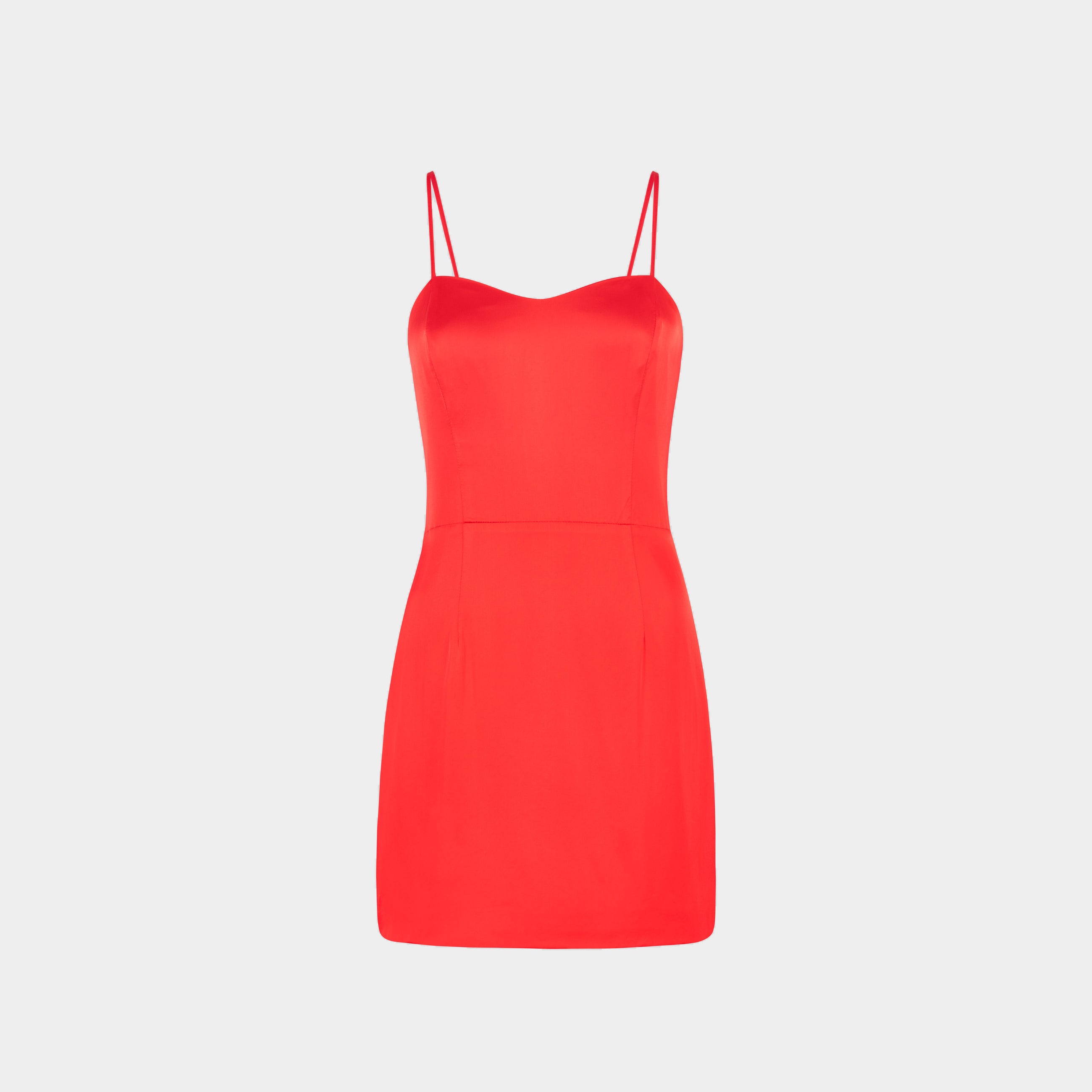Gohar red satin mini dress by Leochèle, fitted silhouette with thin straps