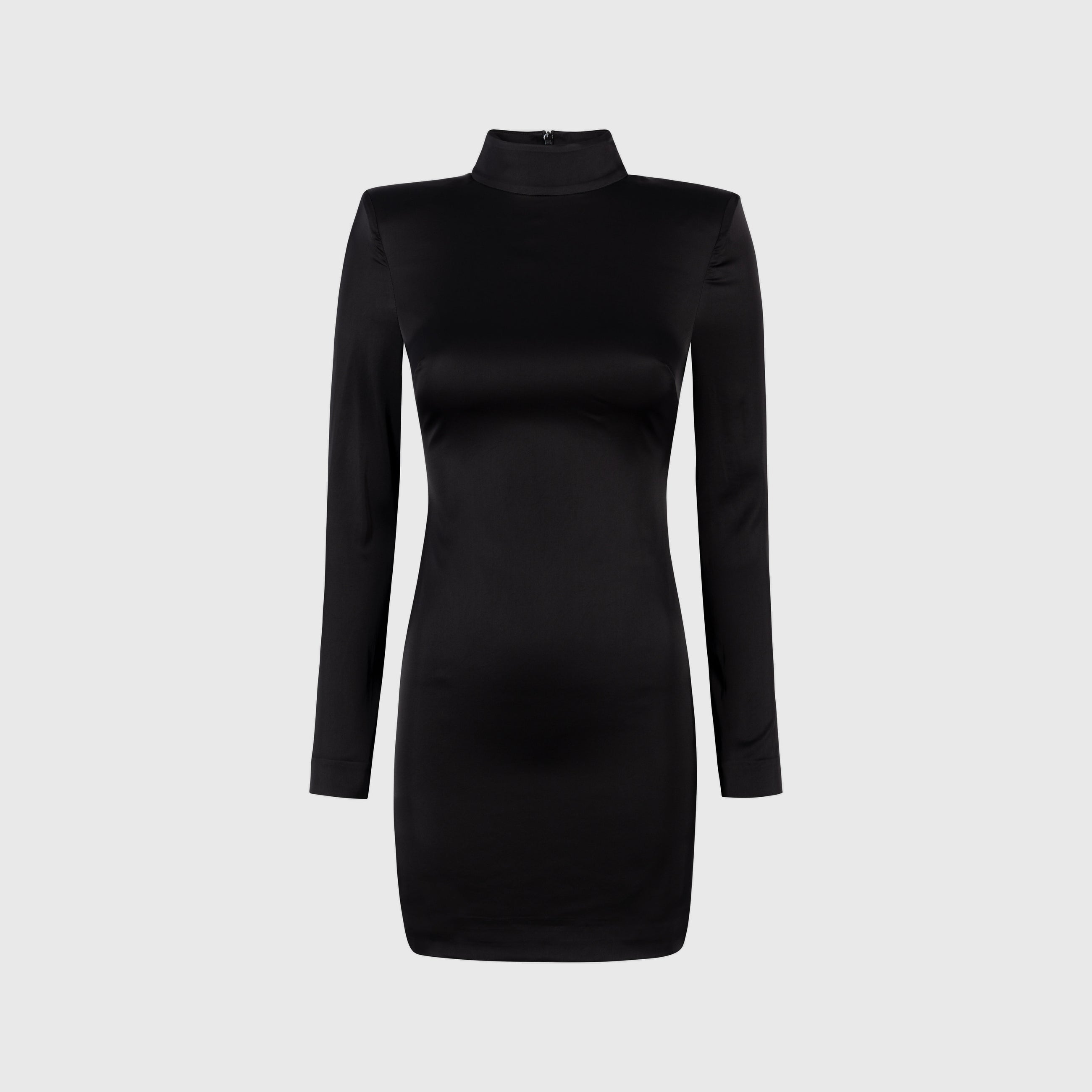 Valentina black satin mini dress by Leochèle, fitted silhouette with structured shoulders product image