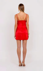 Back view of the Gohar red satin mini dress by Leochèle, fitted silhouette with thin stra