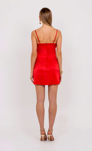 Back view of the Gohar red satin mini dress by Leochèle, fitted silhouette with thin stra