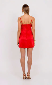 Back view of the Gohar red satin mini dress by Leochèle, fitted silhouette with thin stra