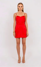 Gohar red satin mini dress by Leochèle, fitted silhouette with thin straps
