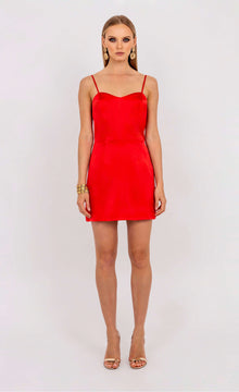 Gohar red satin mini dress by Leochèle, fitted silhouette with thin straps