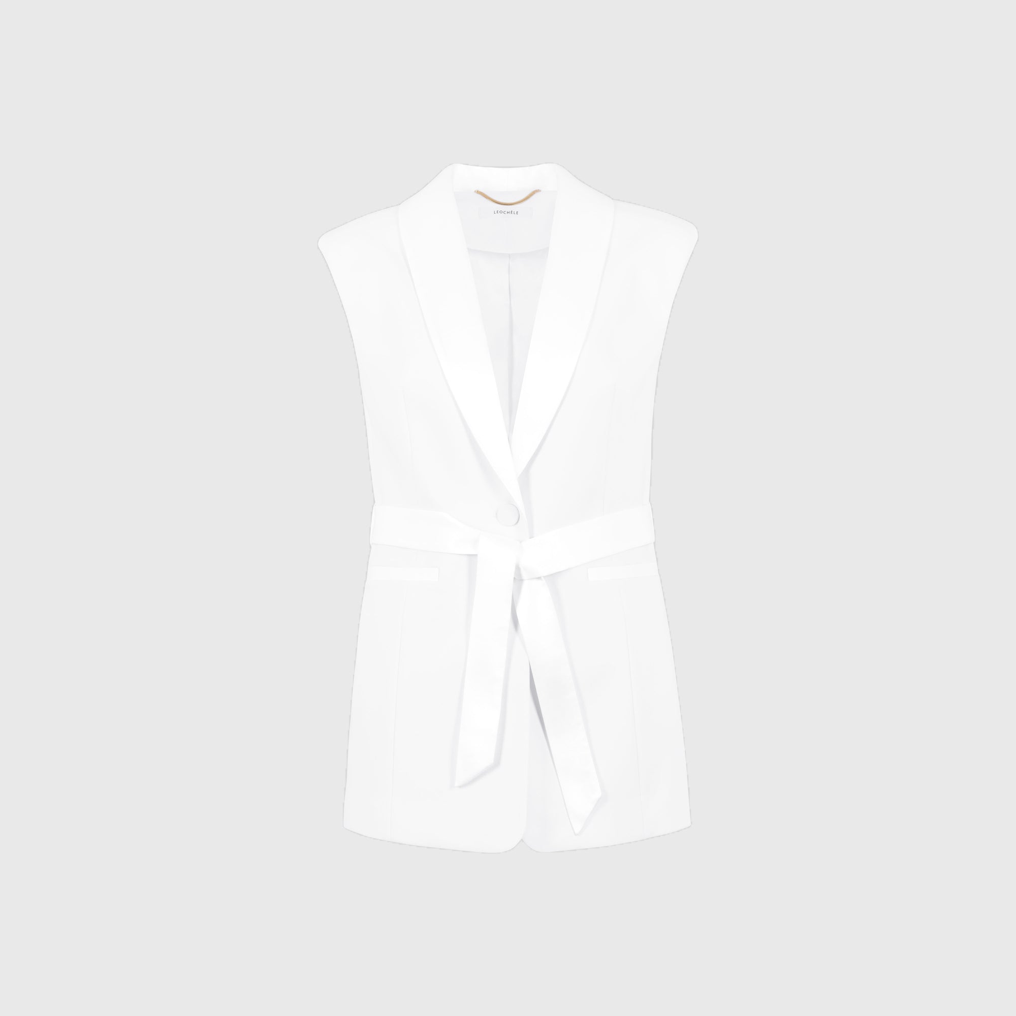 Roza white sleeveless blazer with belt by Leochèle