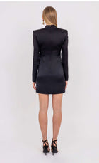 Back view of the Valentina black satin mini dress by Leochèle, fitted silhouette with structured shoulders