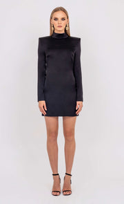 Valentina black satin mini dress by Leochèle, fitted silhouette with structured shoulders
