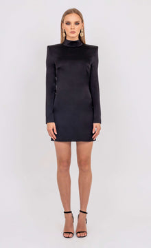 Valentina black satin mini dress by Leochèle, fitted silhouette with structured shoulders